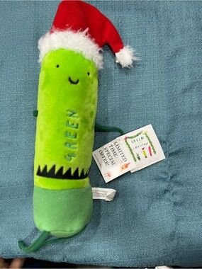 Source Unknown Green Plush Pickle with Red Santa Hat